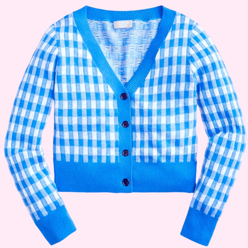 J Crew Cashmere cropped V-neck cardigan sweater in gingham